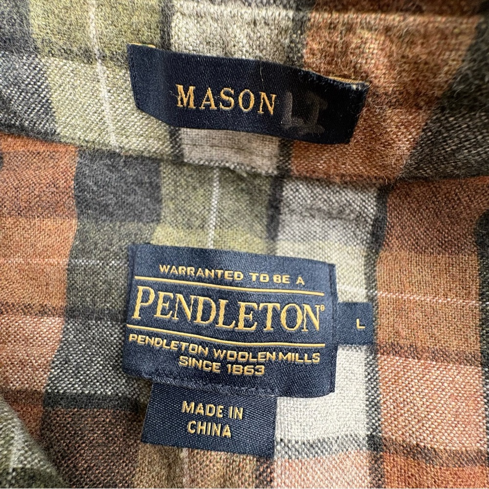 Pendleton Mason Men’s Plaid Flannel Shirt Button Down Orange Brown Cream Green - Picture 6 of 10